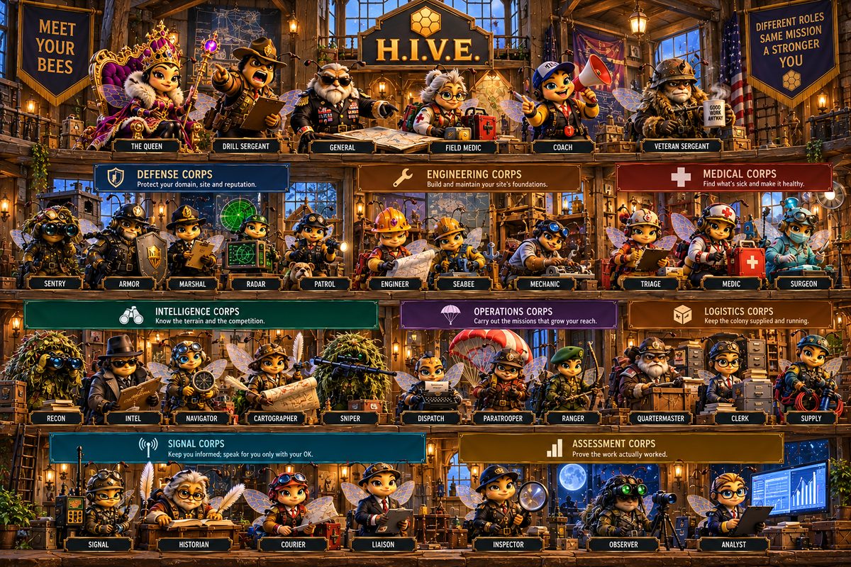 The H.I.V.E. colony poster: the Queen and five officers on the top row, then the eight corps — Defense, Engineering, Medical, Intelligence, Operations, Logistics, Signal and Assessment — with every worker bee at its station.